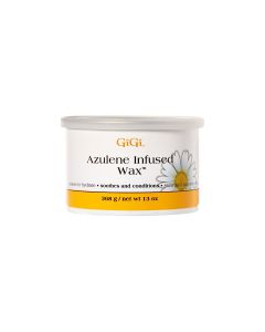 Front view of a 13-ounce container of GiGi Azulene Infused Wax with its lid on
