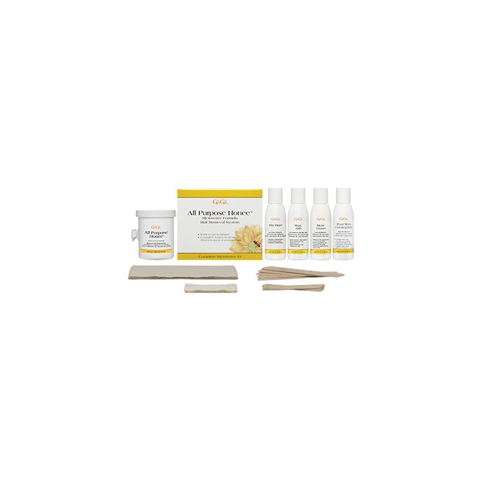 GiGi All Purpose Honee Microwave Kit box alongside container of Wax, Care Products, Accu Edge Applicators, & Muslin Strips