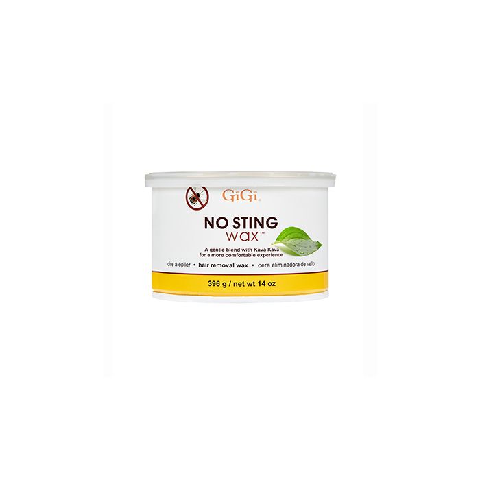 Front view of a 14 ounce can of GiGi No Sting Wax with Kava Kava Leaf Extract with product information and  "no sting" symbol