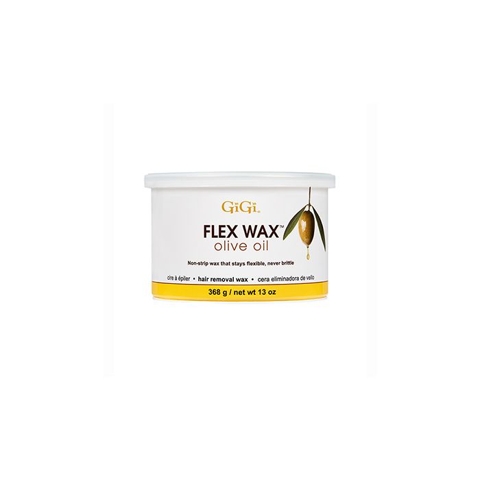 Front view of a 13 ounce container of GiGi Flex Wax Olive Oil capped with its lid