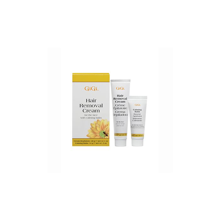 GiGi Hair Removal Cream For Face retail box with tubes of Hair Removal Cream & Calming Balm to its left GiGi Hair Removal Cream For Face retail box with tubes of Hair Removal Cream & Calming Balm to its left