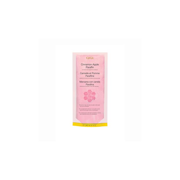 A 16 ounce retail pack of GiGi Cinnamon Apple Paraffin Wax  labelled with product name in 3 languages
