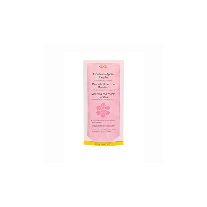 A 16 ounce retail pack of GiGi Cinnamon Apple Paraffin Wax labelled with product name in 3 languages A 16 ounce retail pack of GiGi Cinnamon Apple Paraffin Wax labelled with product name in 3 languages