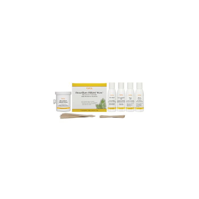 GiGI Brazilian Bikini Wax Microwave Kit retail box alongside Wax container, Waxing Care Products, & Accu Edge Applicators 