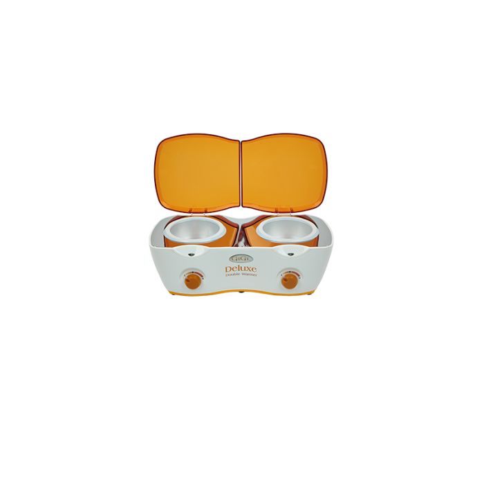 Angled top view of GiGi Double Wax Warmer with its lids open showing its 2 wax can receptacles 