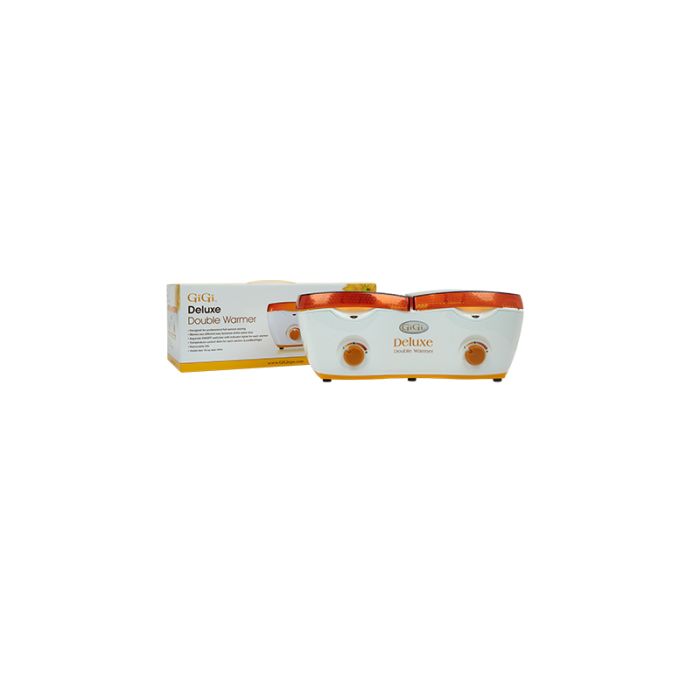 GiGi Double Wax Warmer in front of its retail box packaging 
