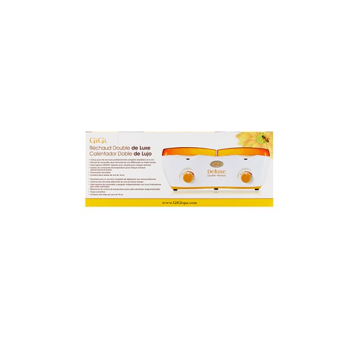The face of GiGi Double Wax Warmer retail box packaging with product name, features , and information translated into Spanish