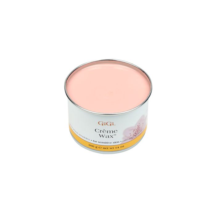 Top view of GiGI Creme Wax, front label is visible, top of wax is of to show melted wax.