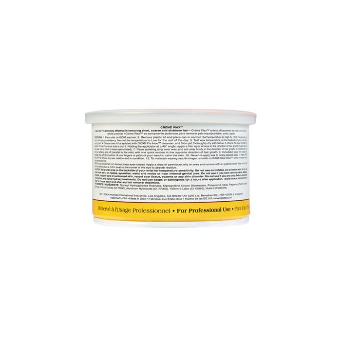 Rear view of GiGi Crene Wax showing directions, ingredients and uses.