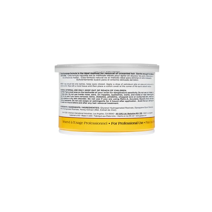 Back of a 14-ounce canister of GiGi  GiGi All Purpose with usage directions & product information