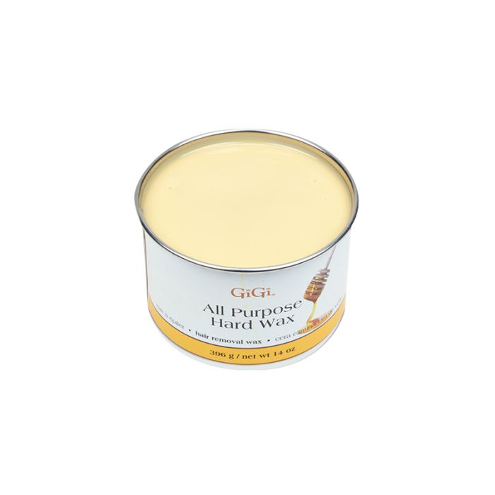 Angled top view of a 14 ounce can of GiGi All Purpose Hard Wax without lid showing its wax contents