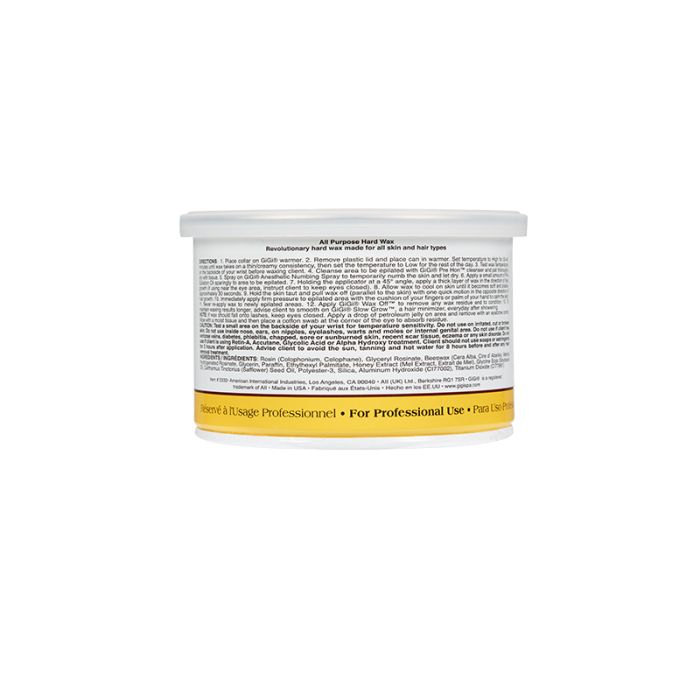 Back of GiGi All Purpose Hard Wax can with instructions, list of ingredients, & other product information