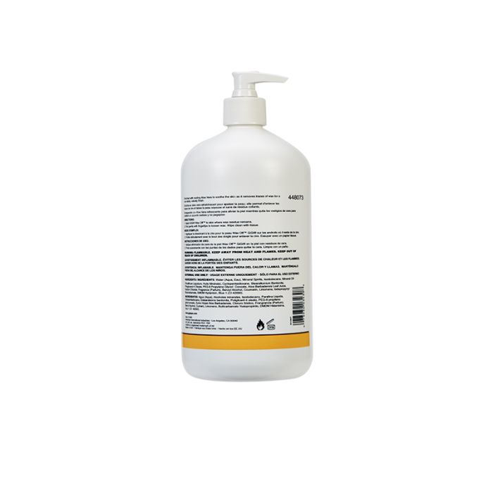 Back of GiGi Wax Off 32 ounce pump bottle featuring directions for use, list of ingredients, & other product information