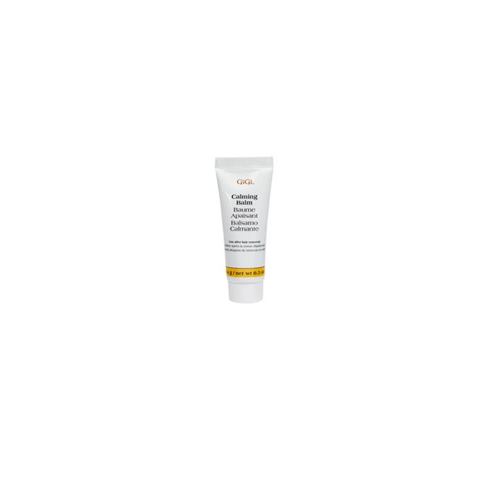 0.5-ounce tube of GiGi Calming Balm standing upright showing label with the product name in different languages
