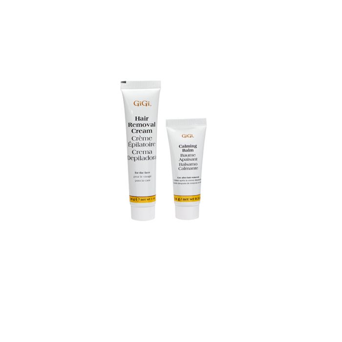 1 ounce tube of GiGi Hair Removal Cream next to 0.5 ounce tube of GiGi Calming Balm