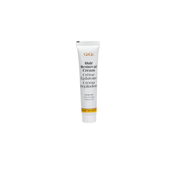 1-ounce tube of GiGi Hair Removal Cream standing upright featuring a label with the product name in 3 different languages