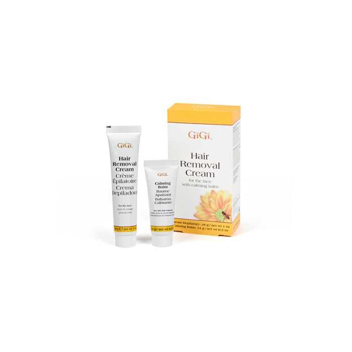 GiGi Hair Removal Cream For Face retail box with tubes of Hair Removal Cream & Calming Balm to its right