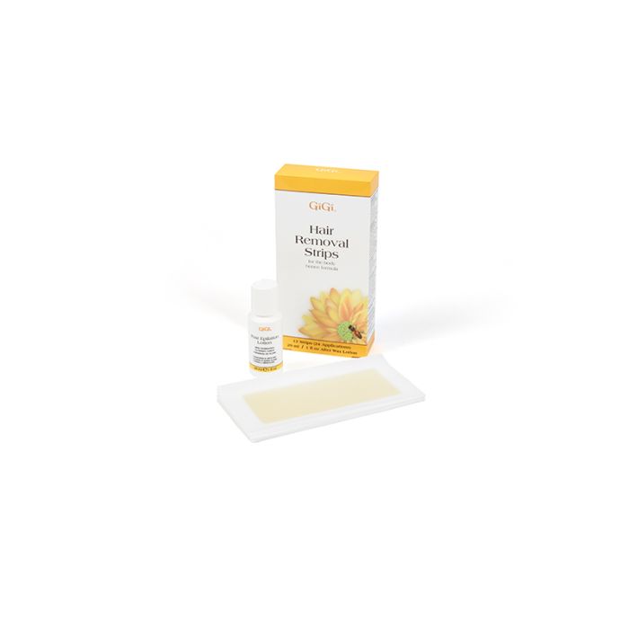 The stylized layout of GiGi Hair Removal Strips For Body retail box, epilation lotion, & pre-waxed strips shot at an angle