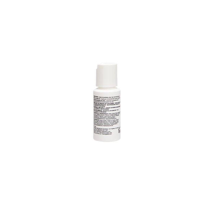 Rear of Gigi 1oz Post Epilation Lotion showing directions, ingredients and uses.