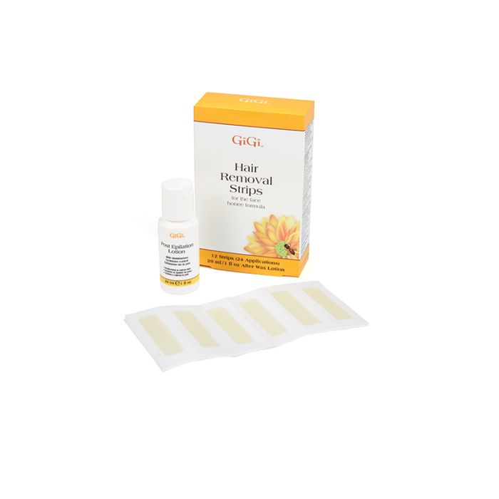 Gigi facial hair removal strips are expanded, packaging and post-epilation lotion
