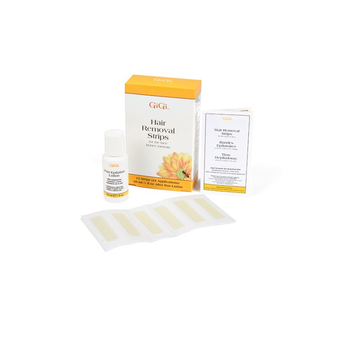 Gigi facial hair removal strips are expanded, packaging, post-epilation lotion and manual