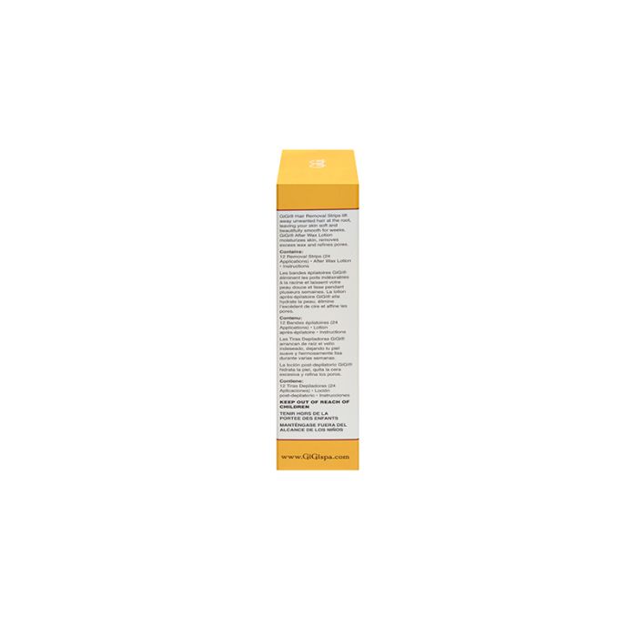 Front of Gigi facial hair removal strips in boxed packaging. Side of Gigi facial hair removal strips showing package contents.