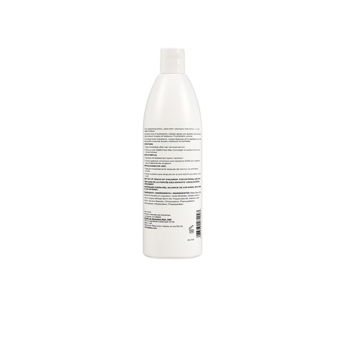 Rear of GiGi Post Epilation Lotion showing barcode, uses and ingredients.