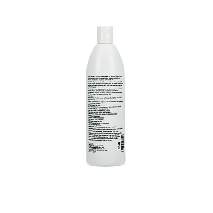 Rear of GiGi post wax Cooling gel 16oz bottle showing information on usage & ingredients.