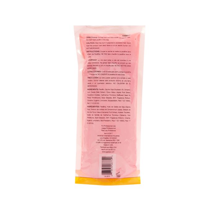Back side of GiGi Cinnamon Apple Paraffin Wax retail pack featuring usage instructions, product information, & barcode