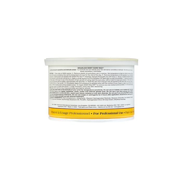 Back of GiGi Brazilian Hard Body Wax can with instructions, list of ingredients, & other product information