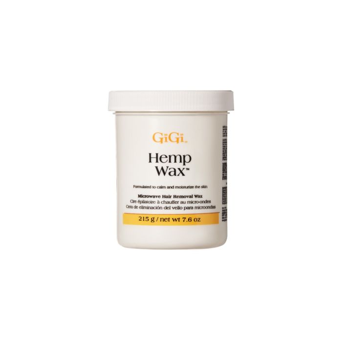 Front view of a 7.6-ounce container of GiGi Hemp Infused Microwave Wax