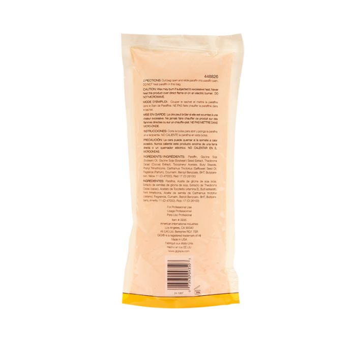 Back of GiGi Sweet Vanilla Paraffin Wax retail plastic packaging with instructions, information,& barcode