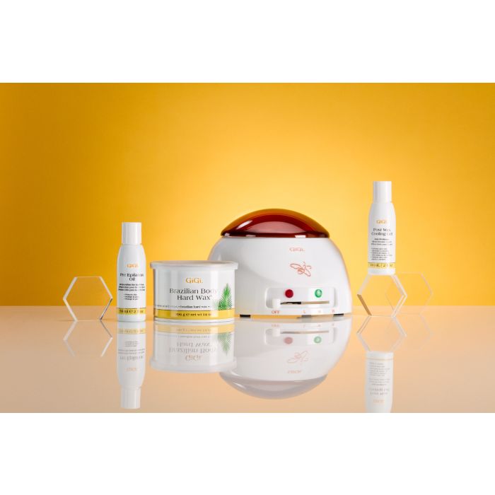 Brazilian Waxing Kit displaying only Professional-Grade Wax Warmer, Brazilian Body Hard Wax, Pre Epilation Oil, Post Wax Cooling Gel outside of packaging 