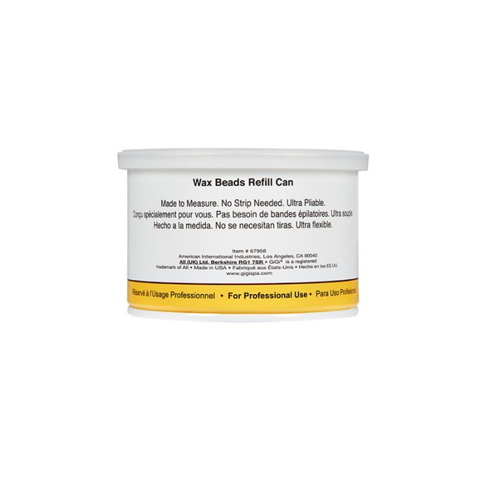 Back of  GiGi Empty Refill Can for wax beads featuring product information