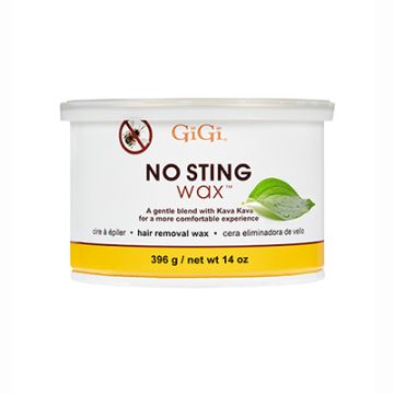 Front view of a 14 ounce can of GiGi No Sting Wax with Kava Kava Leaf Extract with product information and  "no sting" symbol