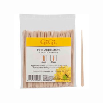 Front view of GiGi Fine Applicators in clear plastic packaging with a single fine applicator to its left showing its tapered shape