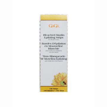 Front view of GiGi Bleached Muslin epilating strips pack with text details in three kind of dialect