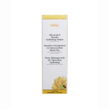 Expansive illustration of GiGi Bleached Muslin strips pack with text details in three different languages