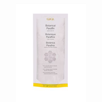 A 16 ounce retail pack of GiGi Botanical Blend Paraffin Wax labeled with product name in 3 languages