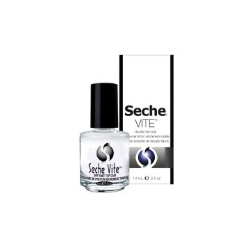 Capped glass bottle of Seche Vite top coat with its retail packaging box behind