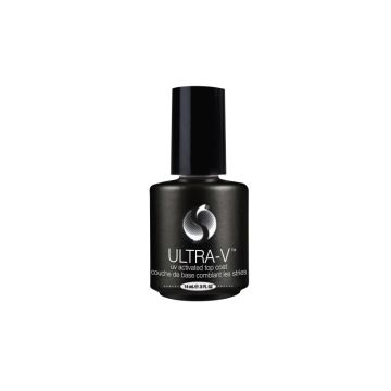 Frontal view of a Capped 0.5-ounce black bottle of Ultra-V UV activated topcoat from Seche