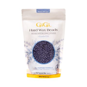 Front view of GiGi Hard Wax Beads Infused with Relaxing Lavender pouch packaging with a window showing lavender-colored wax granules