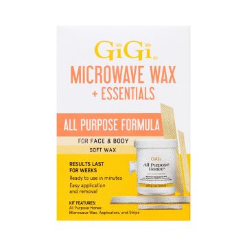 Front view of GiGi All Purpose Honee Microwave Wax & Essentials retail box with product information and depictions