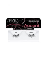 Frontage of an Ardell Accents 318-Black false lashes set in a wall hook ready retail packaging with printed "318 Black" text
