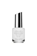 A 0.5 ounce transparent glass bottle containing ibd Advanced Wear French White nail polish 