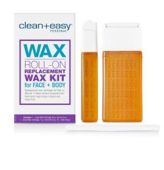 Closeup of Clean + Easy personal wax packaging with detailed text with front and side view of its container