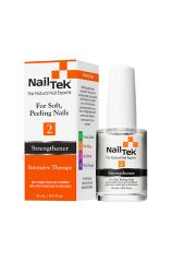 A clear 0.5 ounce bottle of Nail Tek Intensive Therapy 2 next to its white & orange themed retail box