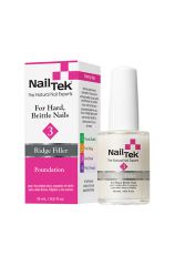 Nail Tek Foundation 3 0.5 ounce bottle with white brush cap with its retail box packaing positioned to its right