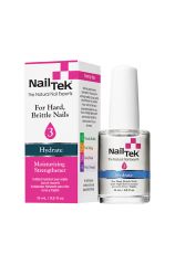 A 0.5 ounce bottle of Nail Tek Moisturizing Strengthener 3 side by side with its pink & white themed box