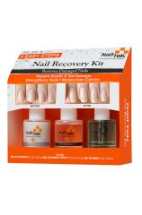 Windowed orange box displaying 3 pieces Nail Tek Nail Recovery Kit with an illustration of before & after results